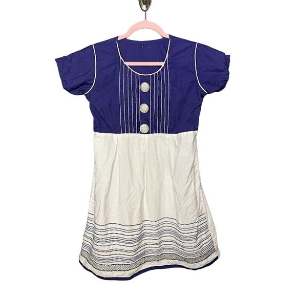Y2K Big Buttons Dress Baby Doll Embroidered Dress Short Blue and White Sz Large - Picture 1 of 6